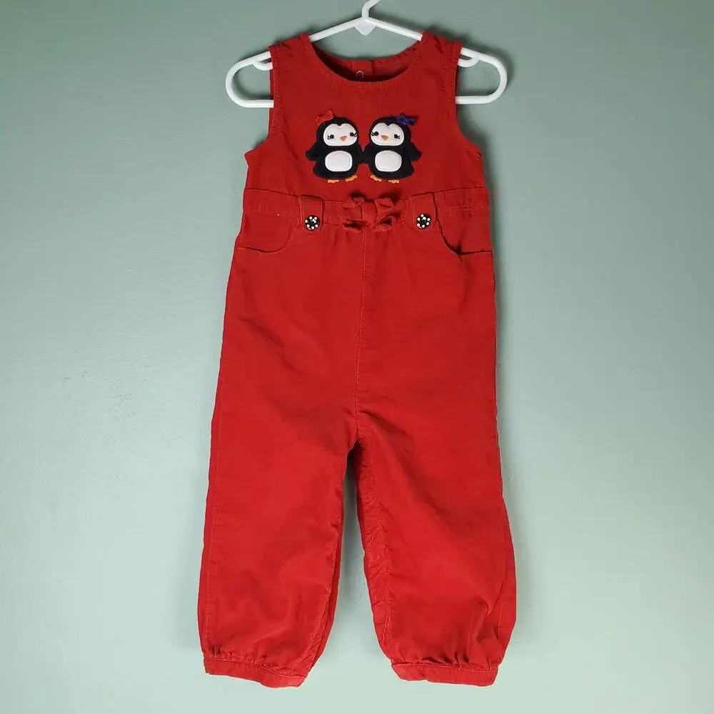 Gymboree Winter Penguin Girls Red Penguin Corduroy Overall Size 2T